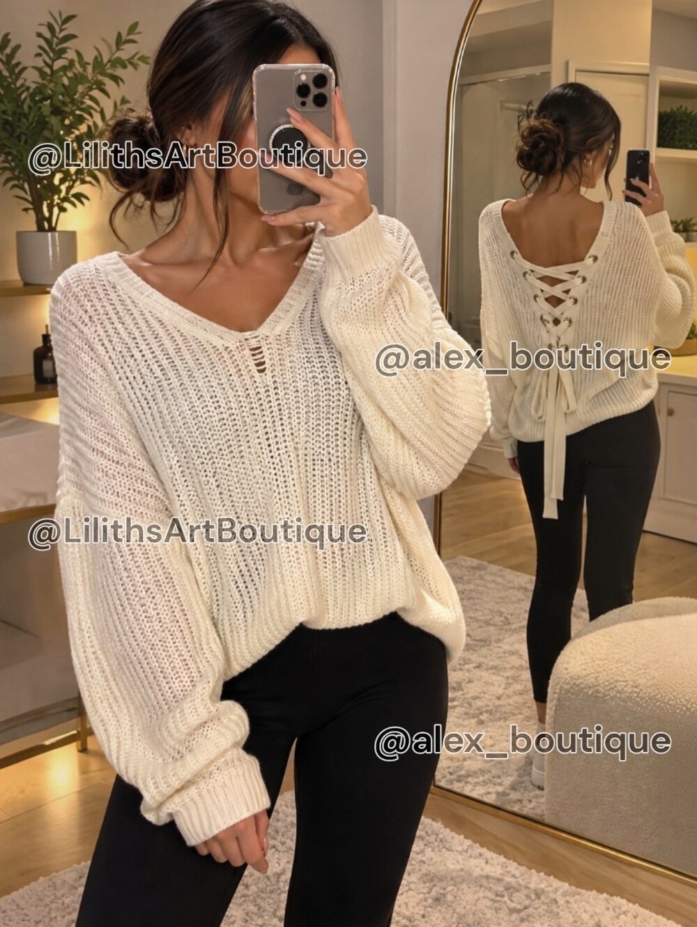 Windsor Ivory Lace-Up Back Knit Sweater | Oversized Pullover L (J009)